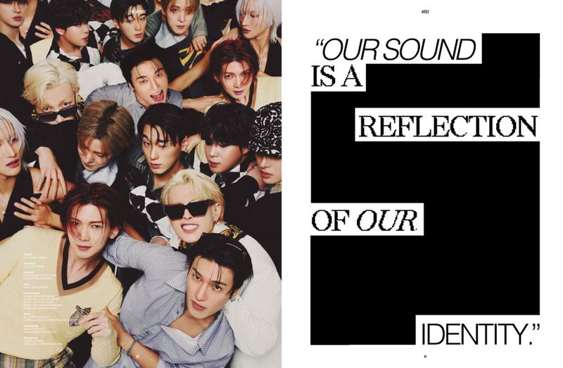 Large group of Korean men posing for an indoor group shot, with text stating "Our sound is a reflection of our identity."