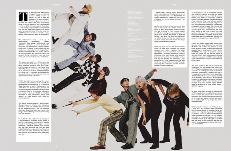 ATEEZ music group poses in studio shot. The band members wear streetwear and trendy outfits, performing coordinated dance moves on white.