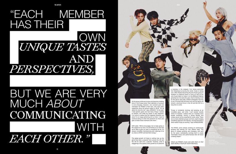 Group shot of seven members of the K-pop group ATEEZ in a magazine spread, posing in stylish casual clothing.