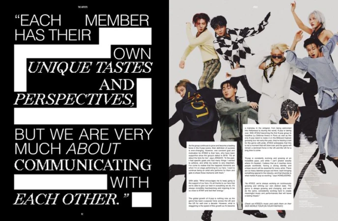 Group shot of seven members of the K-pop group ATEEZ in a magazine spread, posing in stylish casual clothing.