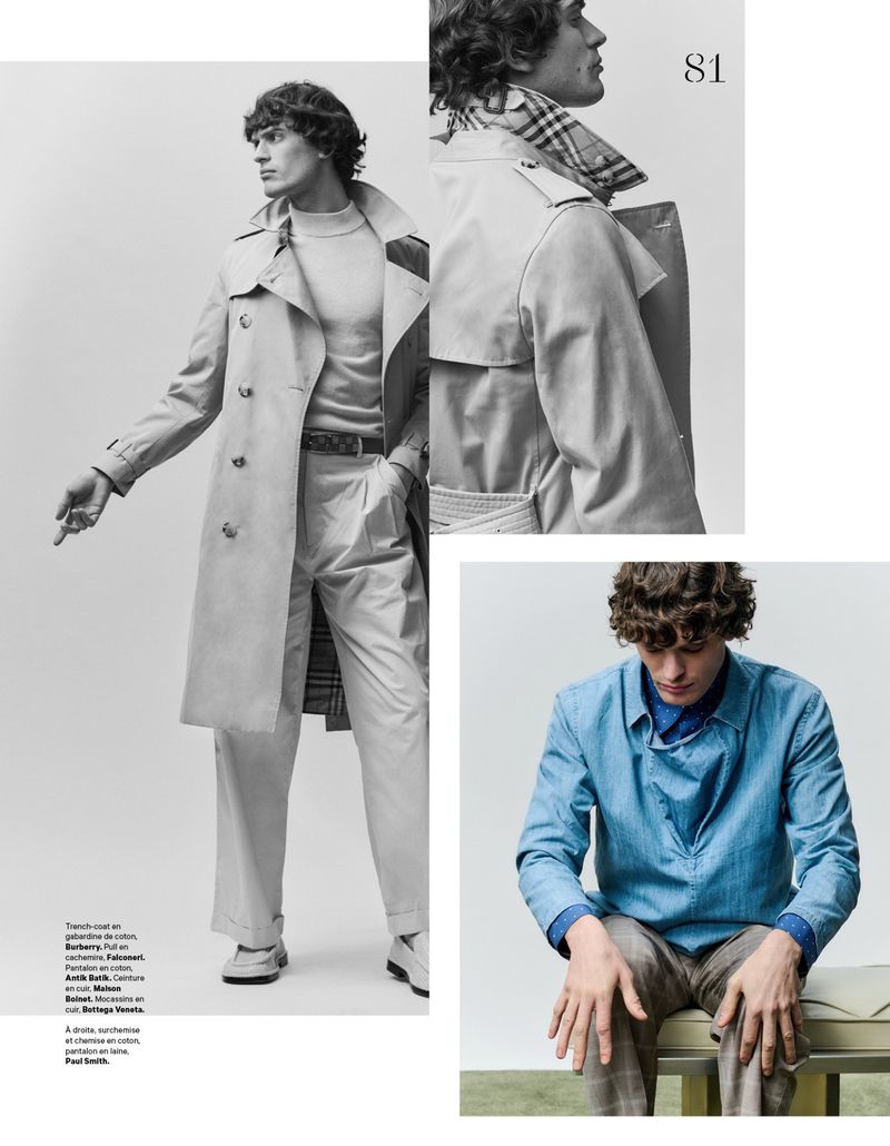 A man models a light beige trench coat over a cream sweater and pants, next to a blue shirt and patterned pants outfit.