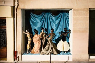 Five fashion models with retro bouffant hairstyles posing inside a store display window against a blue draped curtain backdrop.
