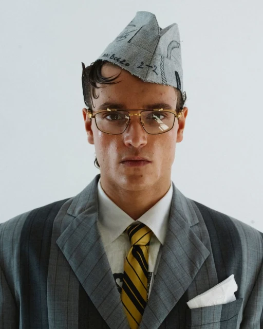 Portrait of a person wearing a grey pinstripe suit, yellow tie, glasses, and a cap, posing against a white background in a studio.