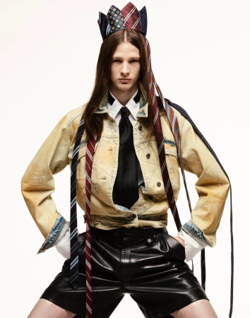 Person in fashion shot with a tie crown and tie details, wearing denim jacket and black shorts against a white backdrop.