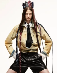Model wearing a tie crown and denim jacket with leather shorts for Vogue Adria shot by Marko Suvic