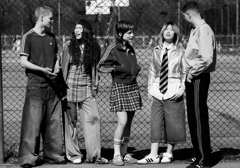 Black and white photo of five young adults standing outdoors in athletic-inspired apparel, posing against a chain-link fence in daylight.