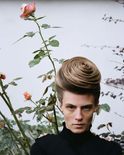 Close-up portrait of a person with sculpted blonde hair, wearing a black turtleneck, framed by climbing rose stems and off-white background.