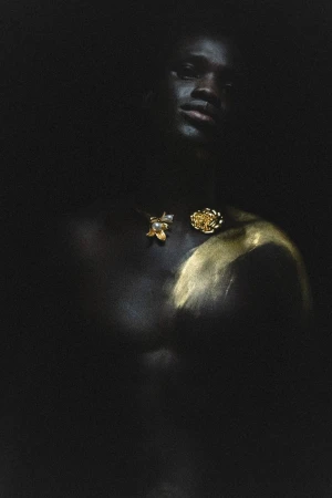 Portrait of a shirtless Black man with a confident expression, adorned with gold body paint and antique jewelry against a dark backdrop.