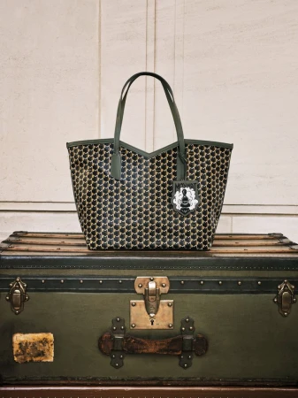 Moynat patterned tote bag with dark green leather handles resting on an olive green vintage steamer trunk.