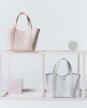 Two Moynat Duo BB canvas tote bags in pastel pink and soft grey displayed on a minimalist geometric frame against a white backdrop.