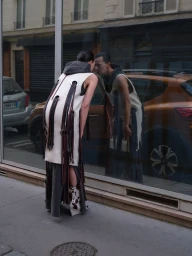 A person wearing an off-white grommet fringe tunic and cow print boots leaning toward a reflective glass window on a city sidewalk.
