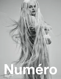 Portrait of Erika Vikman with long platinum blonde braided hair for Numere Switzerland digital cover shoot