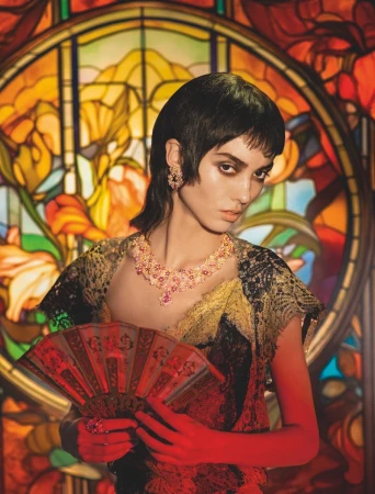 A woman with dark hair and floral jewelry poses with a fan against a colorful stained glass background in a fashion editorial shot.