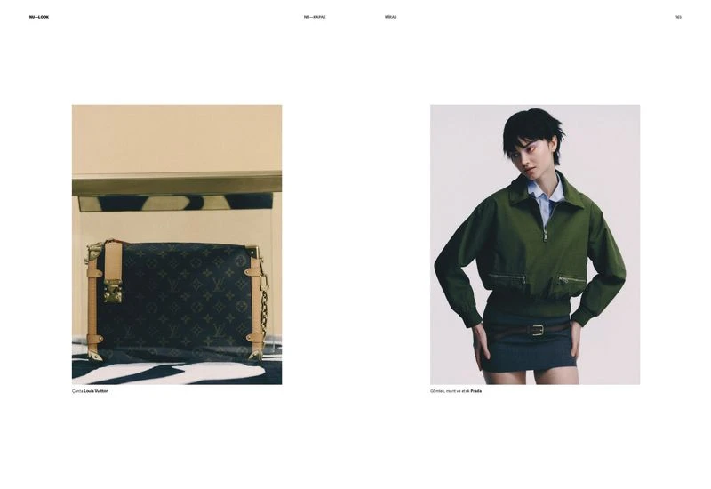 Fashion editorial spread featuring a Louis Vuitton purse and a woman in an olive green jacket and dark blue skirt, showcasing apparel and accessories.