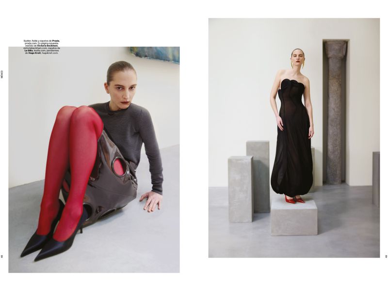 Fashion editorial shot: Woman in a black gown poses on concrete blocks, contrasted with another woman in red tights and a grey top.