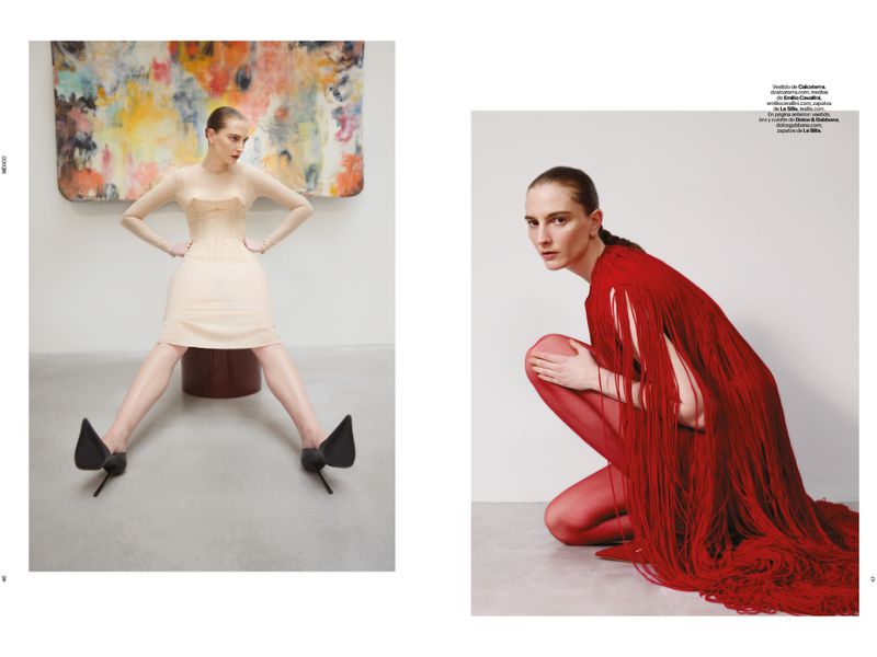 Model Ros Georgiou in a cream mini dress and a red fringe gown across a two-page editorial spread for T Magazine.