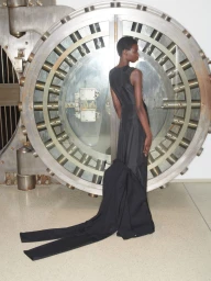 Model standing in front of a massive circular metal vault door wearing a dark sleeveless gown for Hodakova S/S 25