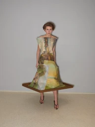 Model standing inside a wooden picture frame wearing a landscape printed dress for Hodakova S/S 25