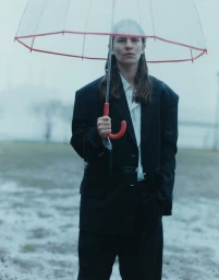 Eliot Sumner holding a clear umbrella with a red handle while wearing an oversized black suit jacket outdoors in the mist.