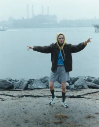 Eliot Sumner wearing a brown jacket, yellow hood, and plaid shorts with arms outstretched by the water.