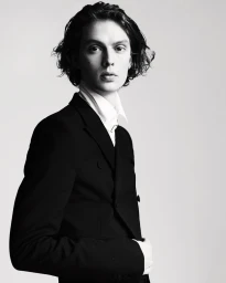 Monochrome studio portrait of model Leon Dame wearing a black double-breasted suit jacket and white collared shirt.