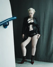 Model Tabitha Bennett standing in an open black jacket, dark lingerie, and burgundy pointed-toe heels against a grey curtain.