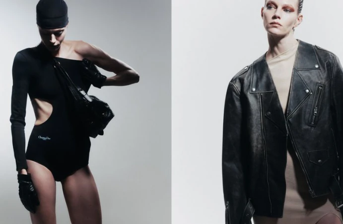 Fashion editorial image featuring two adult female models wearing black clothing and leather jacket against a grey gradient background.