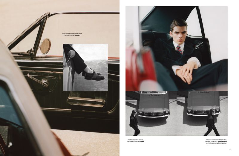 Fashion editorial shot featuring a man in a suit in a classic car, alongside a detail shot of leather shoes and car exteriors.