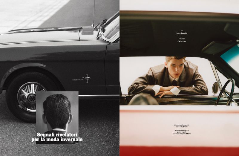 Classic car with a dark exterior and an ad featuring a man's hairstyle, split image showing car details and a model in a suit.