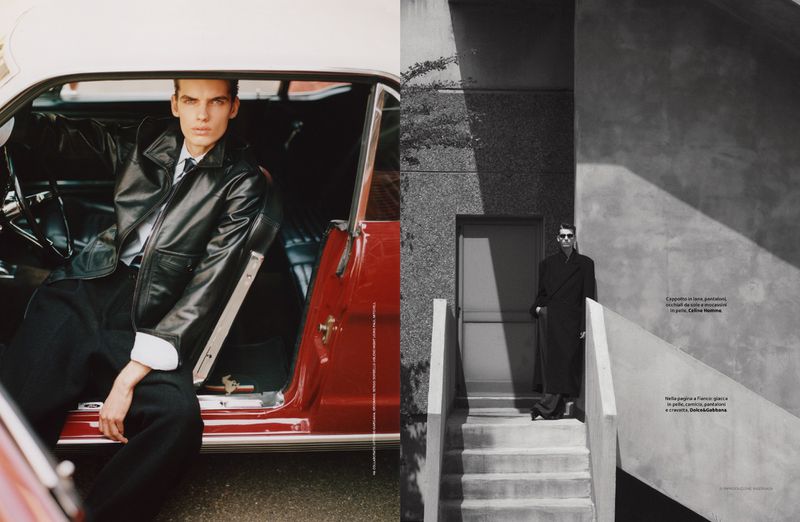 Fashion editorial shot with a male model in a leather jacket in a classic car; another model stands in black-and-white on concrete steps.