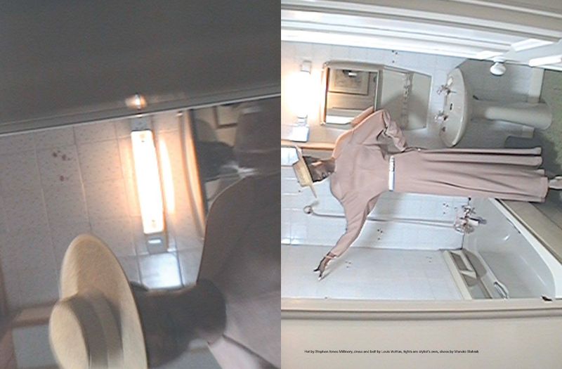 Model Debra Shaw wearing a straw boater hat and long taupe dress inside a tiled bathroom in a lo-fi diptych shot.