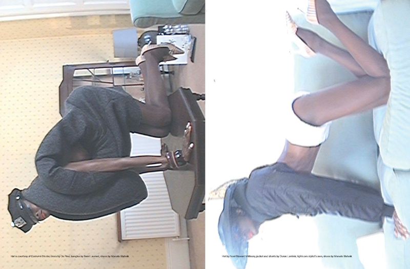 Two images side-by-side show a Black woman in a grey coat and hat, and in a black coat, white shorts, and nude heels on a couch.