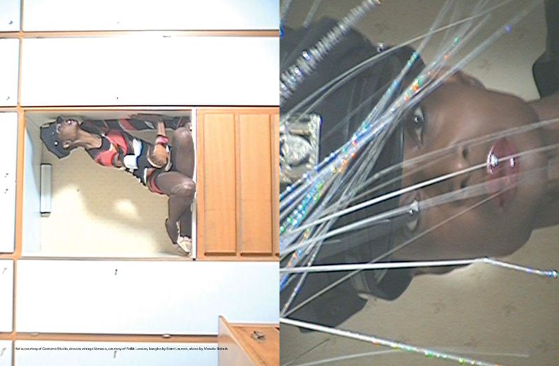 Adult female posing in a cabinet and close-up of a woman's face with decorative light strands, low-angle shot, indoor studio environment.