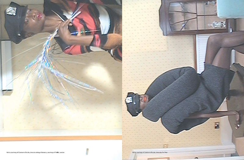Two images show a Black woman in a police cap and gray outfit with iridescent décor, against neutral walls and a display cabinet.