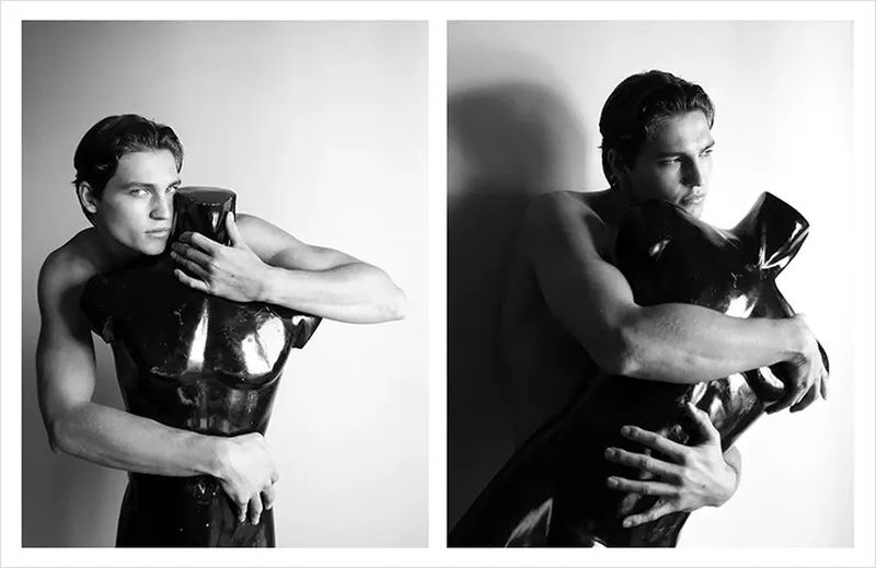 Monochrome diptych showcases a muscular man embracing a black mannequin, set against a plain backdrop in an indoor environment.