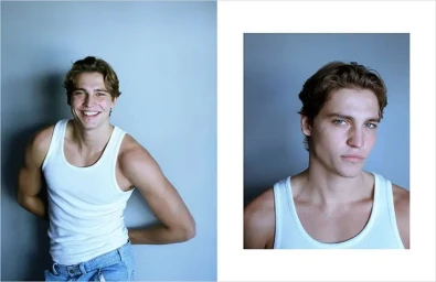 Diptych portrait of a young man wearing a white tank top and light blue jeans against a cool blue studio backdrop.