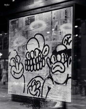Monochrome display of line art on newspaper in a window, reflecting an urban setting, capturing a blend of art and city life.