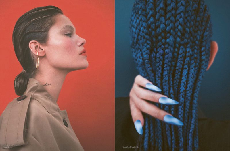 Editorial diptych showing a woman in profile wearing a trench coat alongside a hand with blue nails touching blue braided hair.