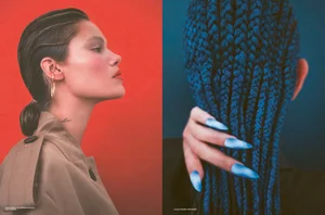 Editorial diptych showing a woman in profile wearing a trench coat alongside a hand with blue nails touching blue braided hair.