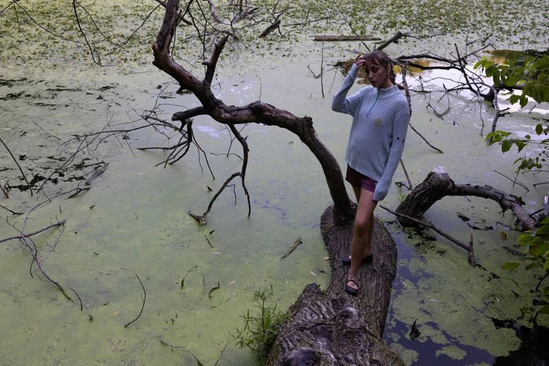 Young woman standing on a fallen tree trunk over a pond with green algae in an outdoor, summertime setting with natural lighting.