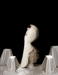 A model in an avant-garde sculptural white hooded coat and layered tulle skirt stands against a solid black background.