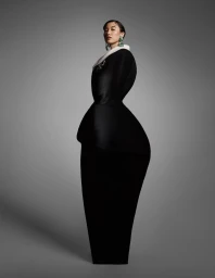 Model wearing sculptural black structured garment with white collar against grey studio backdrop for Schon Switzerland.