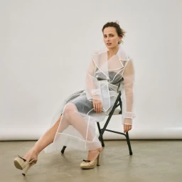 Pauline Chalamet seated on a folding chair wearing a translucent sheer trench coat and heels against a white seamless background