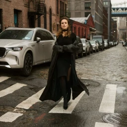 Actress Pauline Chalamet walking on a cobblestone city street wearing a long black coat and dress for Vestal Magazine.