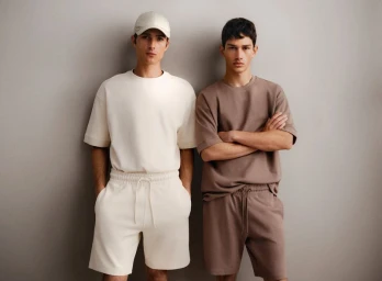 Two male models posing against a neutral grey wall wearing matching casual t-shirts and shorts sets