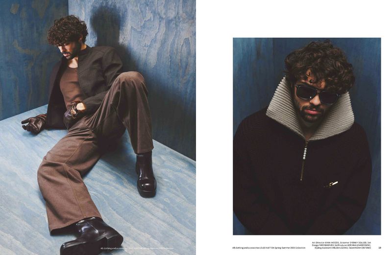Two images of a male model wearing a brown jacket and trousers, sunglasses, and black boots set against a blue wood-paneled backdrop.