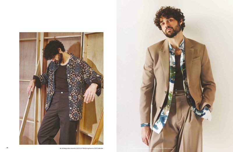 Two adult males showcase fashion in a split scene: one in a patterned jacket by wooden panels, the other in a tan suit against a white wall.