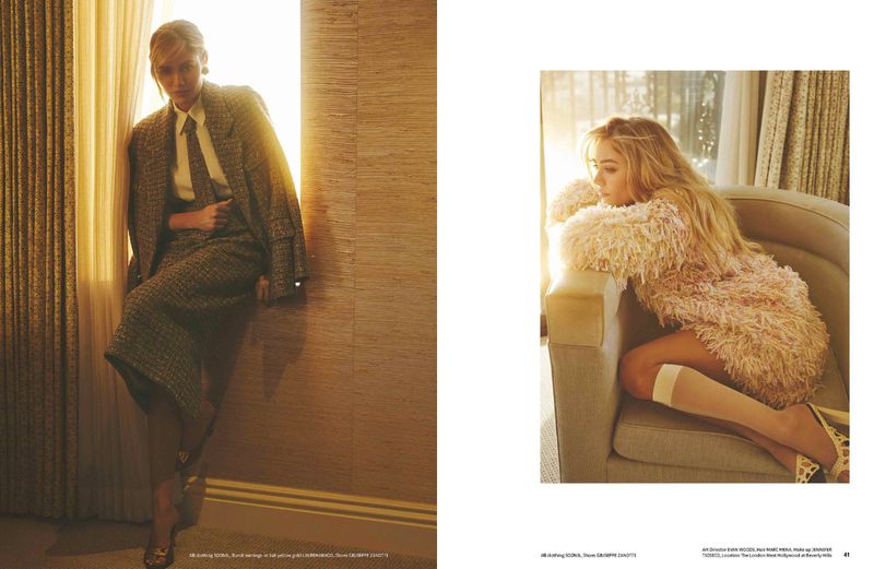 Editorial fashion shot of two blond women in indoor settings wearing stylish outfits, golden lighting, and fashionable accessories.