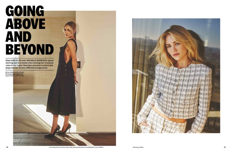 Fashion editorial featuring adult females in stylish clothing with bright indoor lighting and natural light from nearby windows. 
