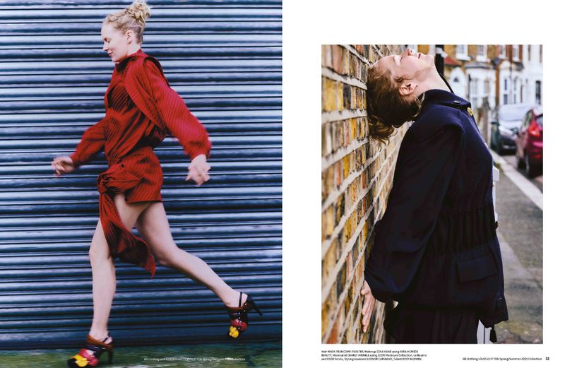 Fashion editorial featuring a woman in motion wearing a red dress and colorful heels, juxtaposed with a woman leaning against a brick wall.